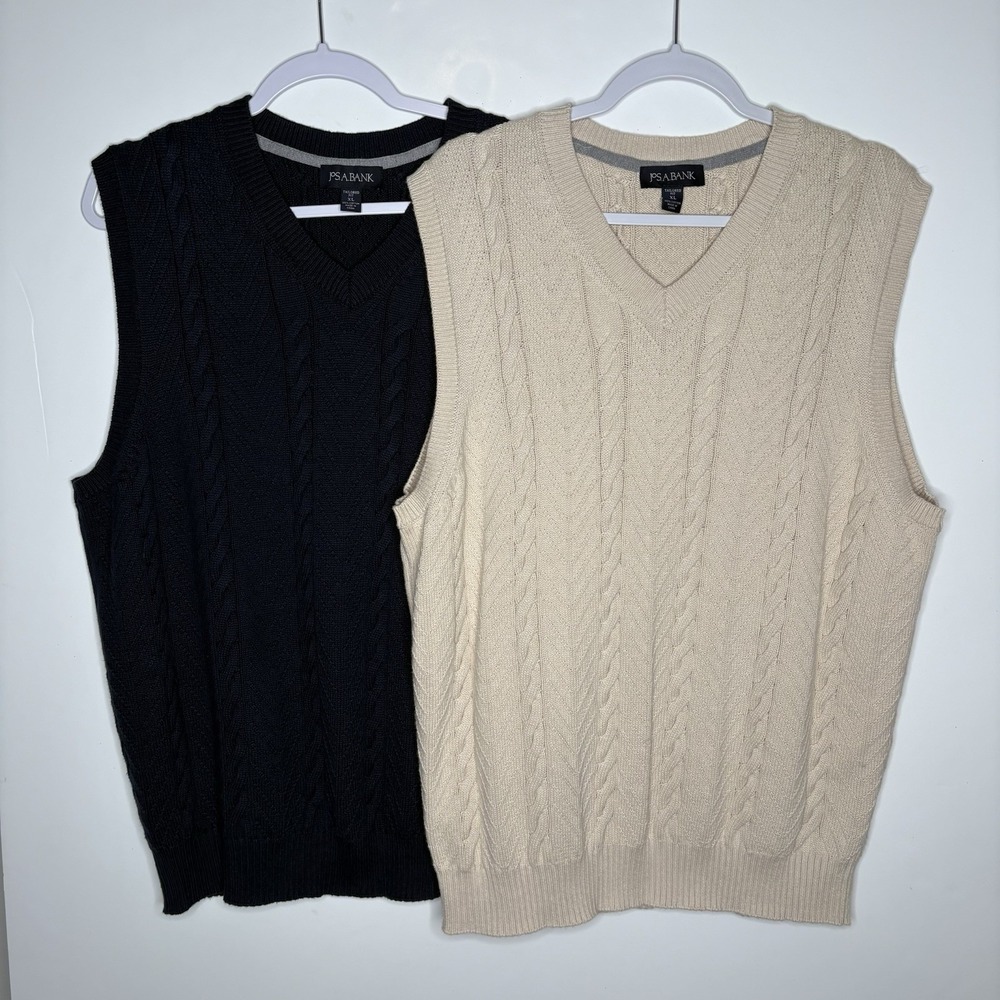 2-Men's Jos A Banks Cable Knit Vests Cream Navy Light-Dark Academia Old Money XL